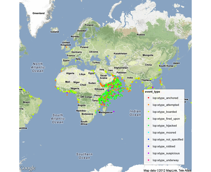 Piracy event plotted on a map, colored by event type